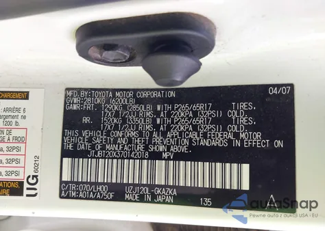 2007 Lexus Gx 470 z USA, uszkodzony, nr VIN JTJBT20X370142018